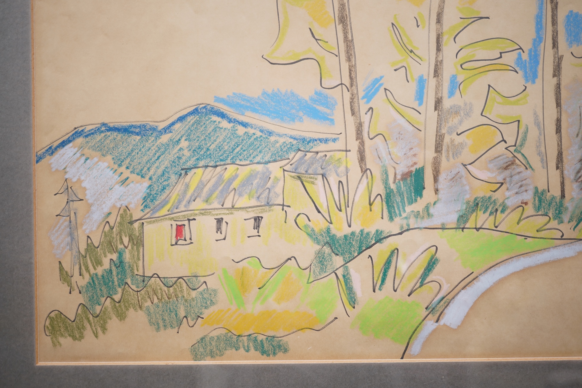 Monogrammist H.W. 20th century Landscape with trees, telegraph poles and a cottage, mongrammed lower right, mixed media on paper, 32 x 45cm